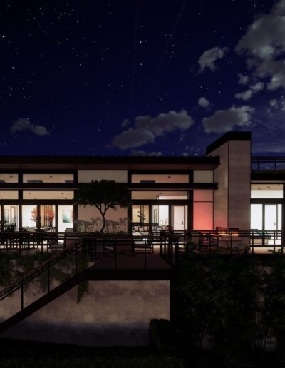 Modern house at night with illuminated interiors, prominent architectural lines, surrounded by lush gardens under a starry sky with visible shooting stars.