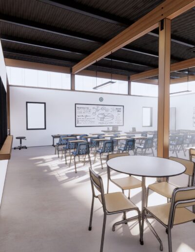 A modern classroom with wooden beams features several desks, chairs, and whiteboards. There is an open area on the right and a small kitchenette with a sink to the left. Sunlight filters through the windows.